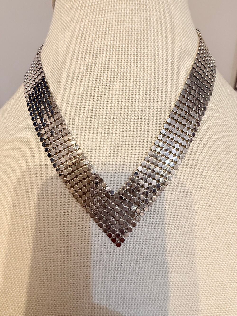 Vintage Silver Tone Mesh Bib Necklace 16” Statement